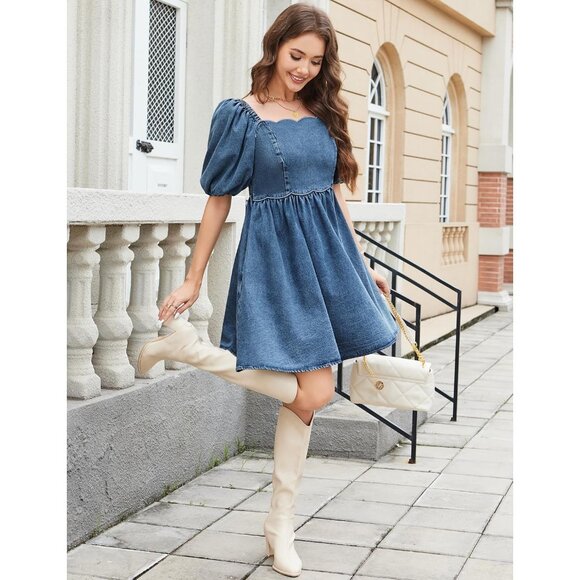 Denim Dress Cotton Blend Medium Blue Babydoll Pockets Casual Women - Picture 5 of 5